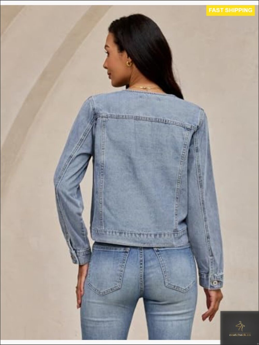 Collarless Denim Jacket Crew Neck Button Front Casual Western Style - Picture 4 of 7
